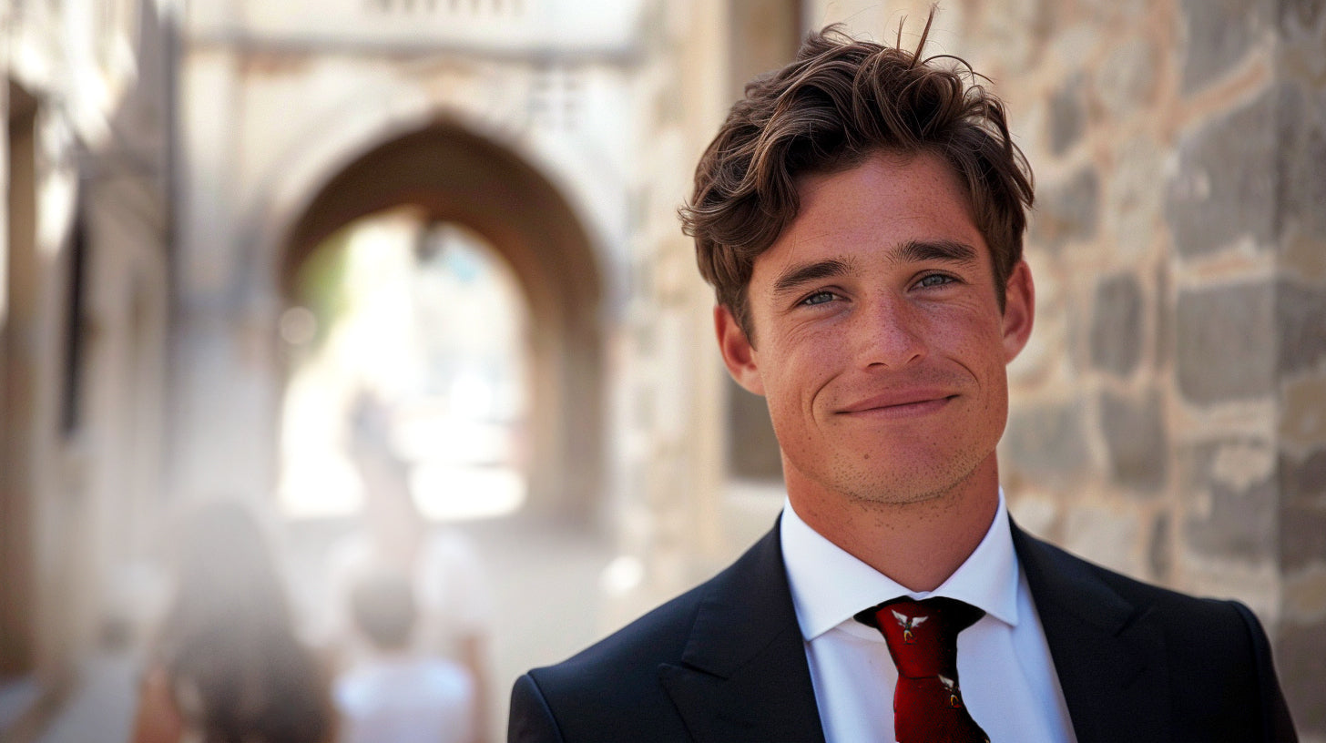 Male model wearing burgundy St. Michael woven silk Catholic necktie, featuring archangel motif for faith-inspired formal attire and religious occasions.