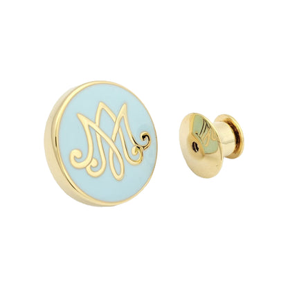 Gold and light blue lapel pin on a white background