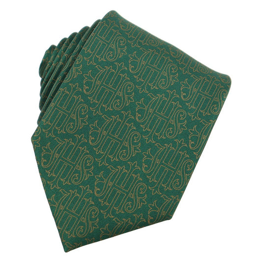 JHS Christogram silk necktie in Liturgical Green, woven Catholic tie with IHS monogram