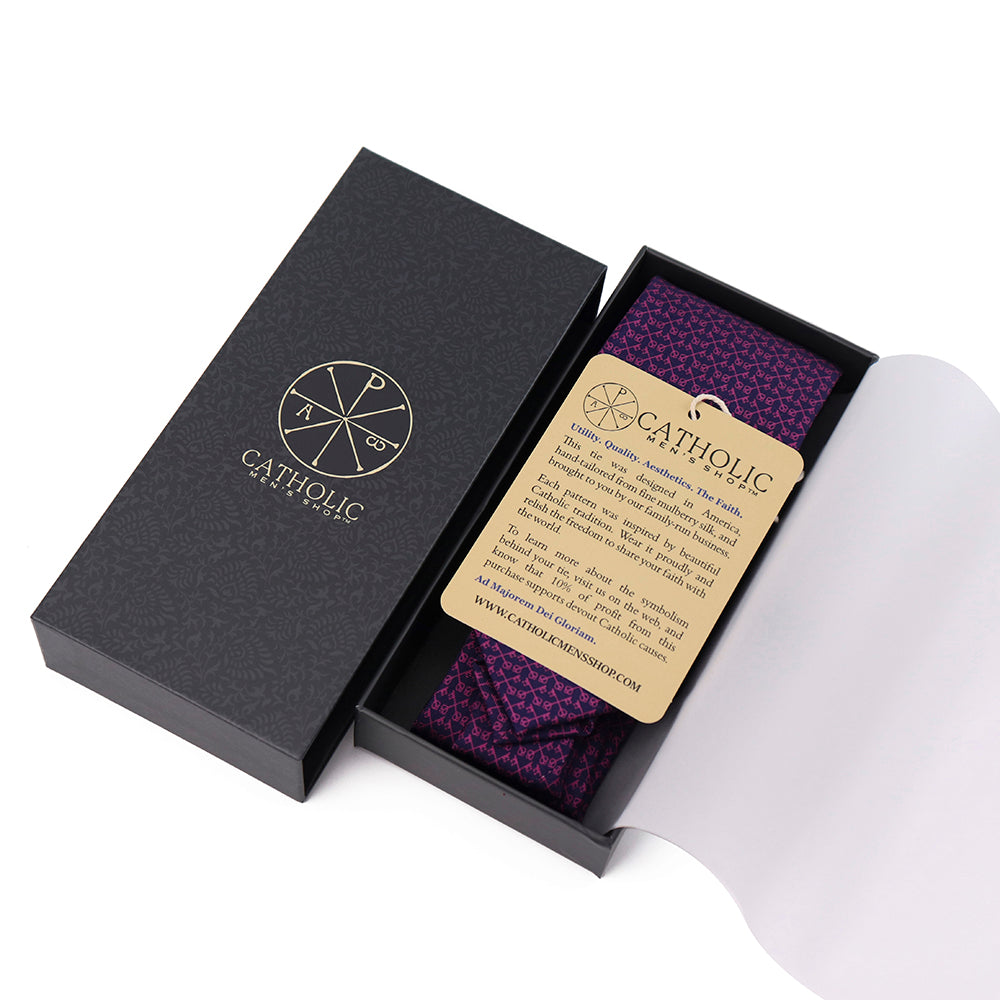 Keys of St. Peter Micro Pattern Silk Necktie: Catholic Tie in Rose & Azure, Blue & Silver Gray, or Royal Purple & Navy