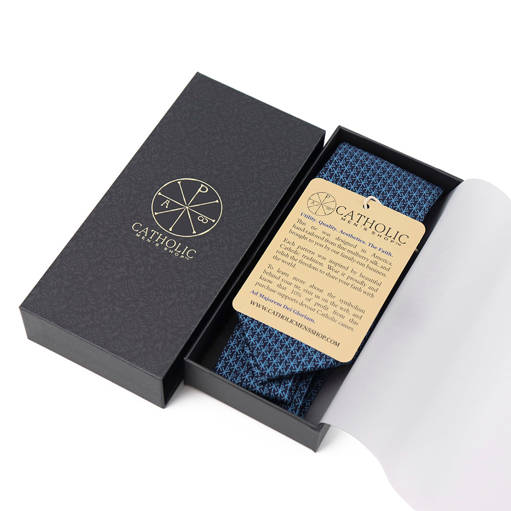 Micro Chi Rho Pattern Silk Necktie: Catholic Tie in Cardinal Red or Oxford Blue & Silver