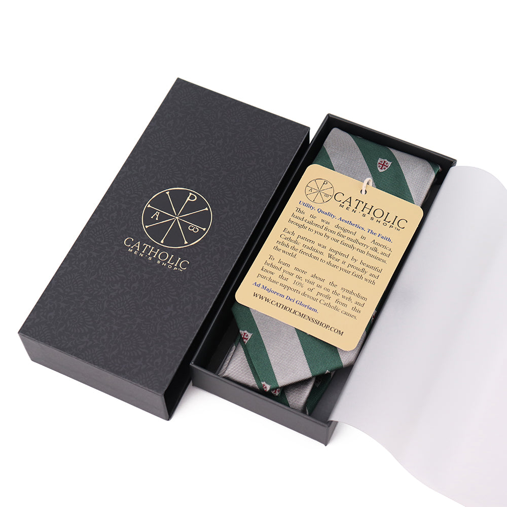 Jerusalem Cross Regimental Silk Necktie: Catholic Tie in Forest Green & Silver
