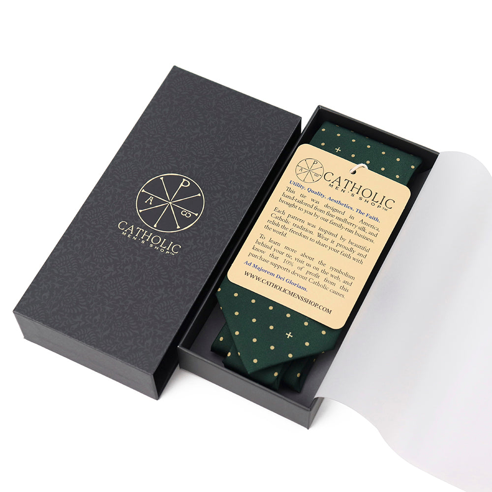 Heritage Polka Dot Cross Silk Necktie: Catholic Tie in Green & Antique Gold, Midnight & Ivory, or Burgundy & Rose