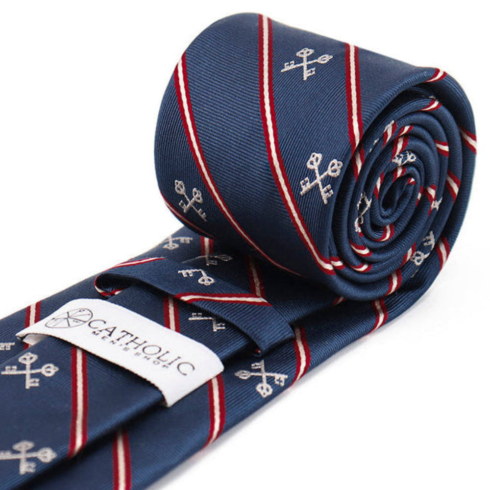 Keys of St. Peter Silk Necktie: Catholic Tie in Blue or Pontifical Gold