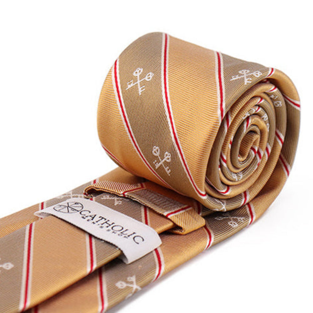 Roll of patterned tie with a visible brand label on a white background