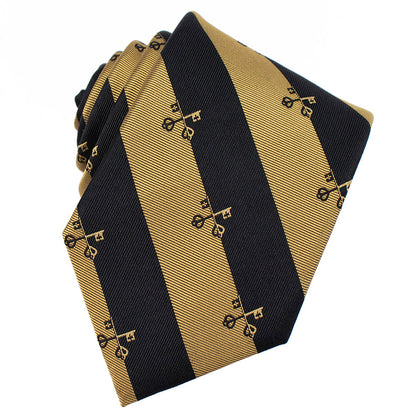 Black and gold striped tie with decorative patterns on a white background