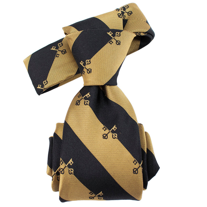 Black and gold striped tie with geometric patterns on a white background men's confirmation gift