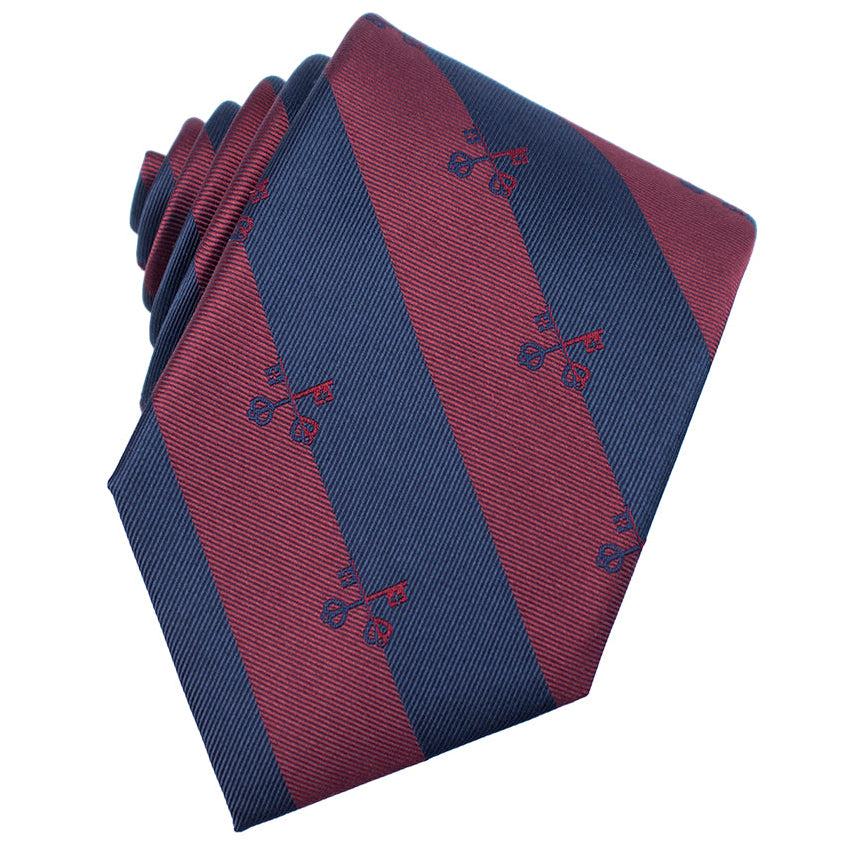 Maroon and navy striped tie with a subtle pattern on a white background