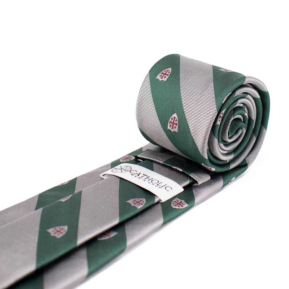 Jerusalem Cross Regimental Silk Necktie: Catholic Tie in Forest Green & Silver