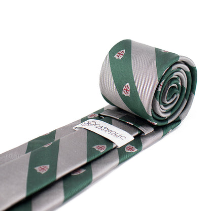 Jerusalem Cross Regimental Silk Necktie: Catholic Tie in Forest Green & Silver