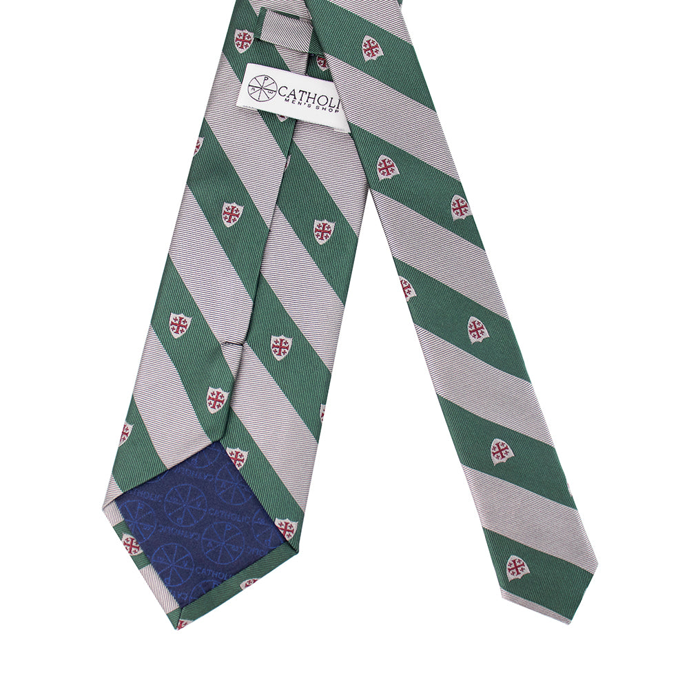 Jerusalem Cross Regimental Silk Necktie: Catholic Tie in Forest Green & Silver