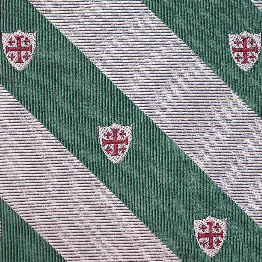 Jerusalem Cross Regimental Silk Necktie: Catholic Tie in Forest Green & Silver