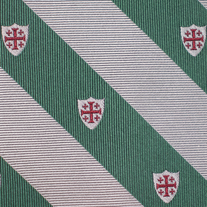 Jerusalem Cross Regimental Silk Necktie: Catholic Tie in Forest Green & Silver