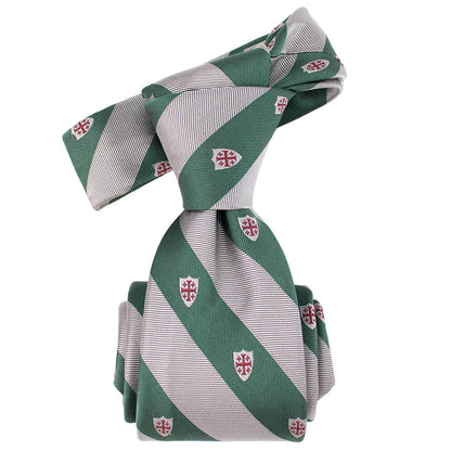 Green and white striped tie with small shields and crosses on a white background