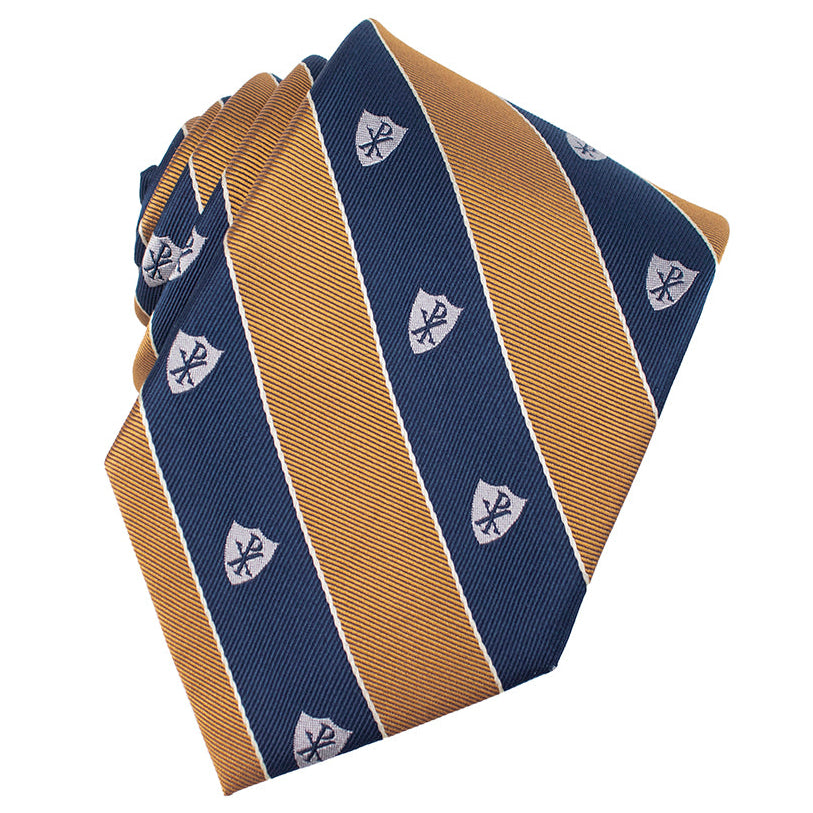 Navy and gold striped tie with a pattern on a white background. Chi Rho Regimental Tie.
