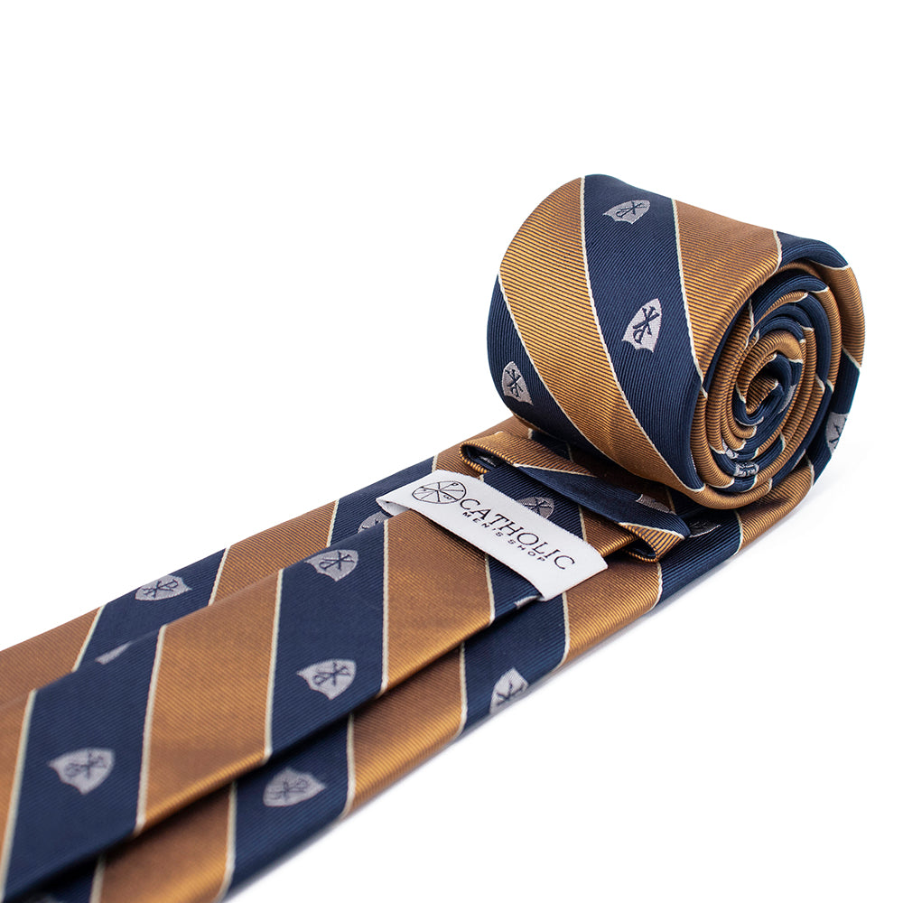 Chi Rho Regimental Silk Necktie: Catholic Tie in Navy Blue and Gold