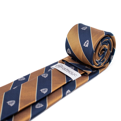 Chi Rho Regimental Silk Necktie: Catholic Tie in Navy Blue and Gold