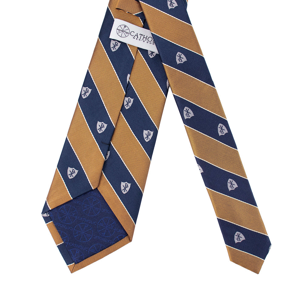 Chi Rho Regimental Silk Necktie: Catholic Tie in Navy Blue and Gold
