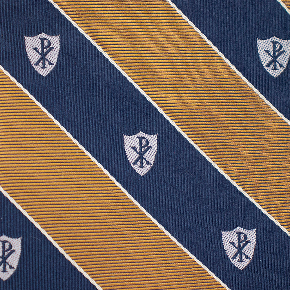 Chi Rho Regimental Silk Necktie: Catholic Tie in Navy Blue and Gold