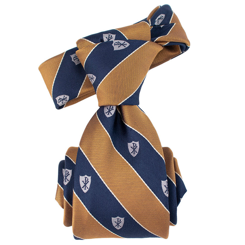 Navy and gold striped tie with a pattern on a white background. Silk necktie from Catholic Men's Shop.