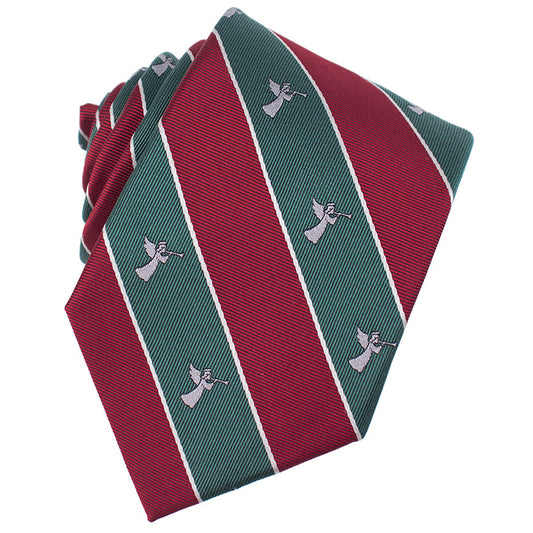 Striped tie with angel pattern on a white background. Quintessential Christmas Tie by Catholic Men's Shop.