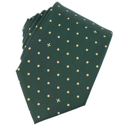 Green tie with gold polka dot pattern on a white background