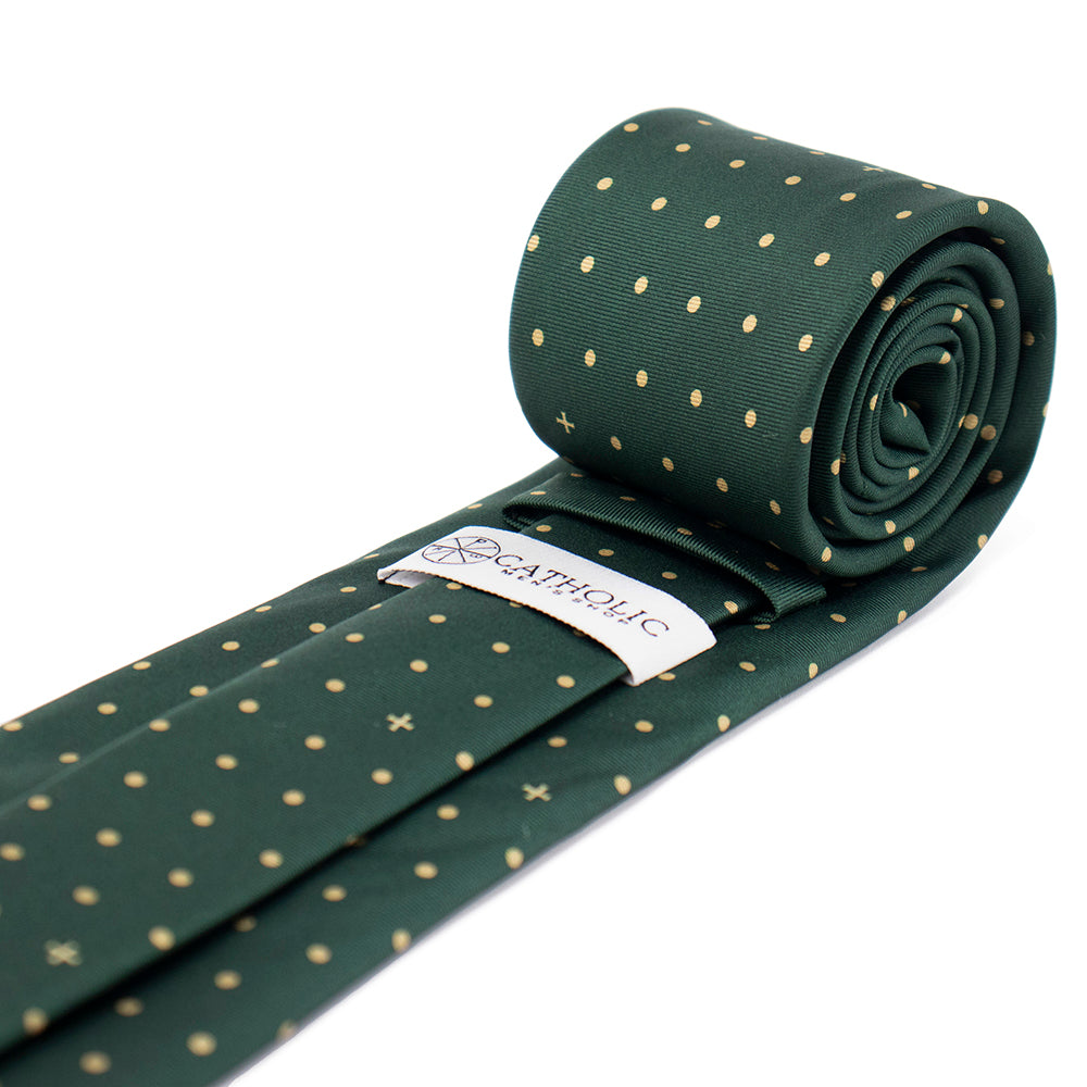 Heritage Polka Dot Cross Silk Necktie: Catholic Tie in Green & Antique Gold, Midnight & Ivory, or Burgundy & Rose