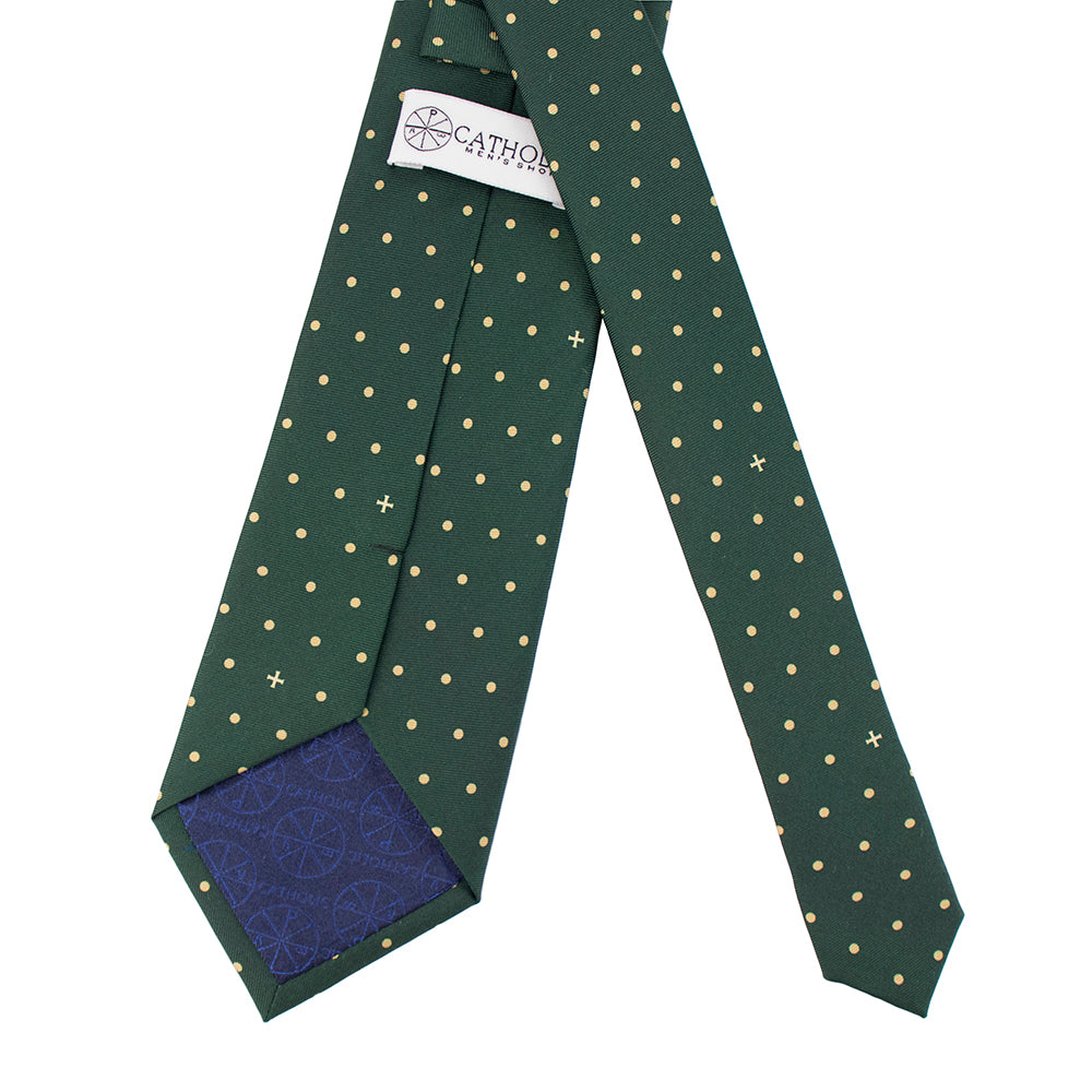 Heritage Polka Dot Cross Silk Necktie: Catholic Tie in Green & Antique Gold, Midnight & Ivory, or Burgundy & Rose