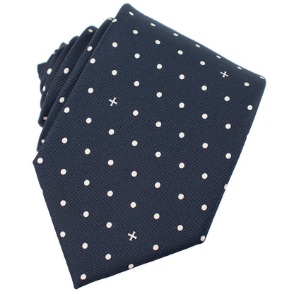 Navy blue tie with white polka dot pattern on a white background