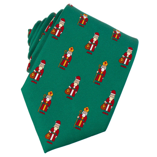Green tie with st nick pattern on a white background