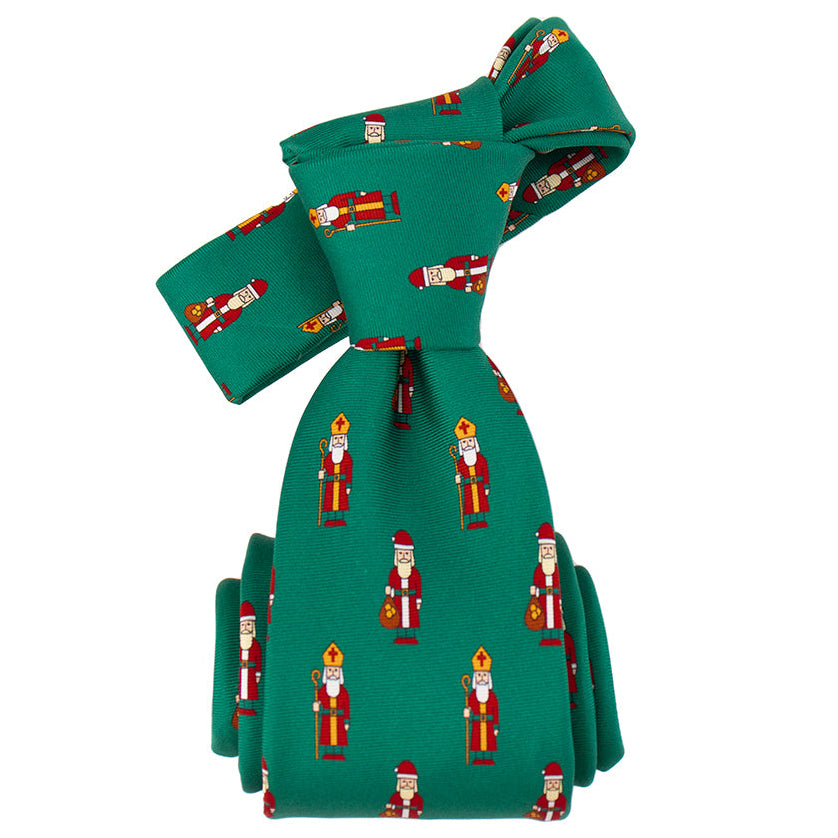 Green tie with st nick pattern on a white background Catholic Christmas tie by Catholic Men's Shop