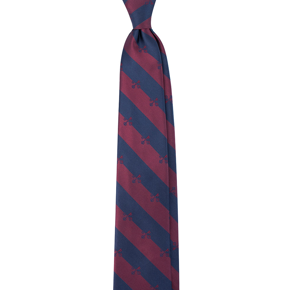 Navy and red striped tie on a white background