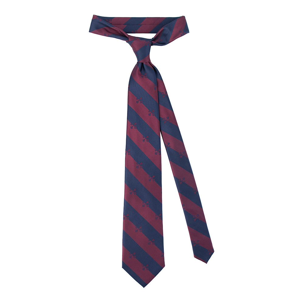 Navy and red striped tie on a white background