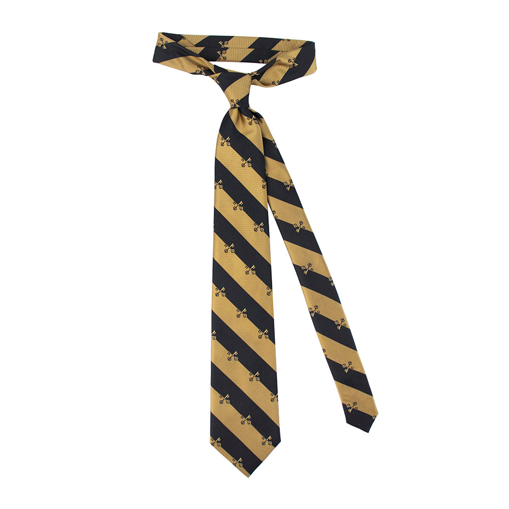 Black and gold striped tie with a pattern on a white background