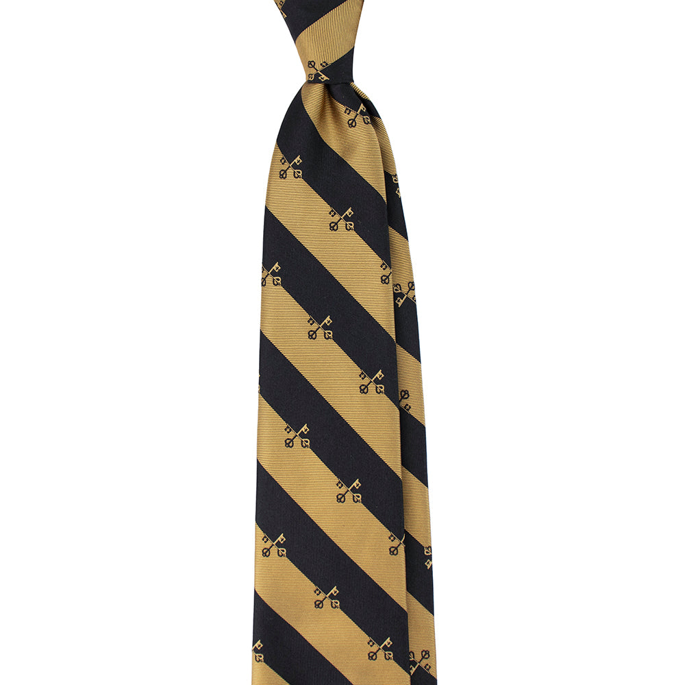Black and gold striped tie with pattern on a white background