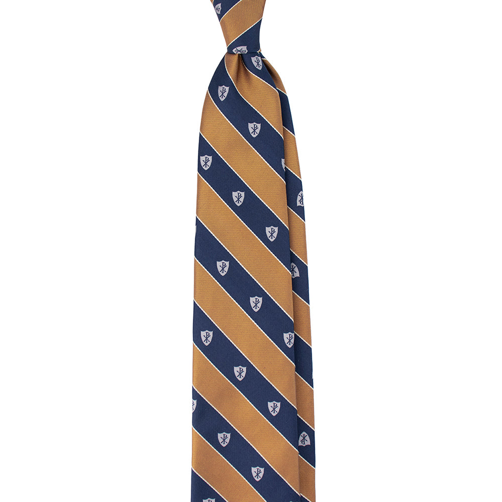 Chi Rho Regimental Silk Necktie: Catholic Tie in Navy Blue and Gold