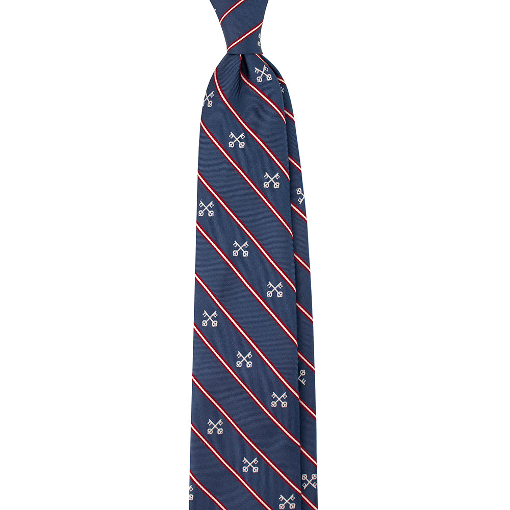 Navy tie with red stripes and white patterns on a white background