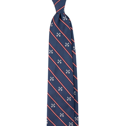 Navy tie with red stripes and white patterns on a white background