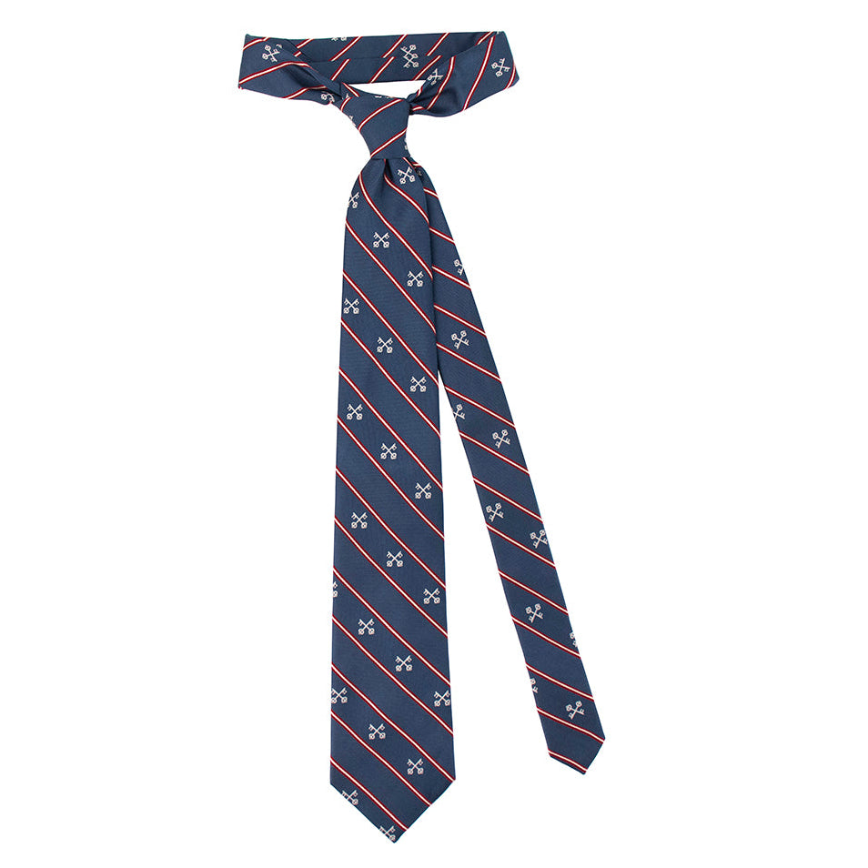 Navy blue tie with red and white pattern on a white background