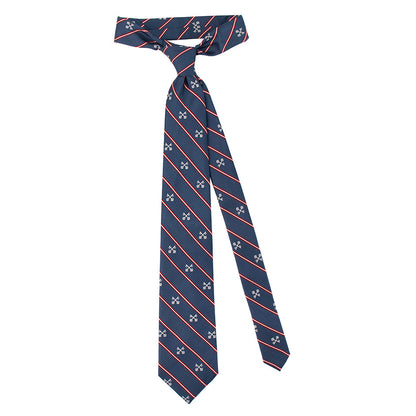Navy blue tie with red and white pattern on a white background