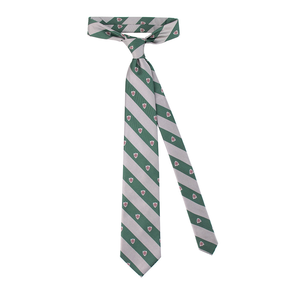 Jerusalem Cross Regimental Silk Necktie: Catholic Tie in Forest Green & Silver