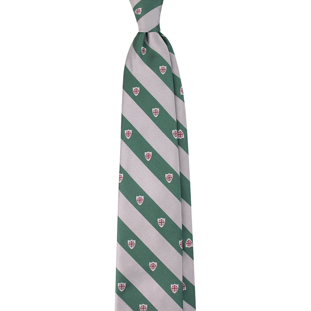 Jerusalem Cross Regimental Silk Necktie: Catholic Tie in Forest Green & Silver
