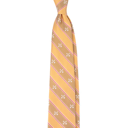 Yellow tie with diagonal stripes and small floral patterns on a white background