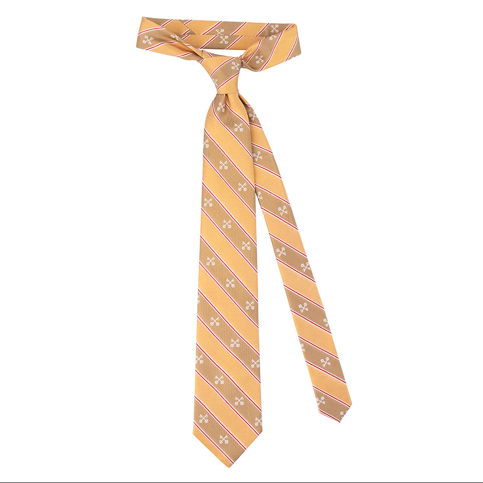 Yellow striped tie with floral pattern on a white background
