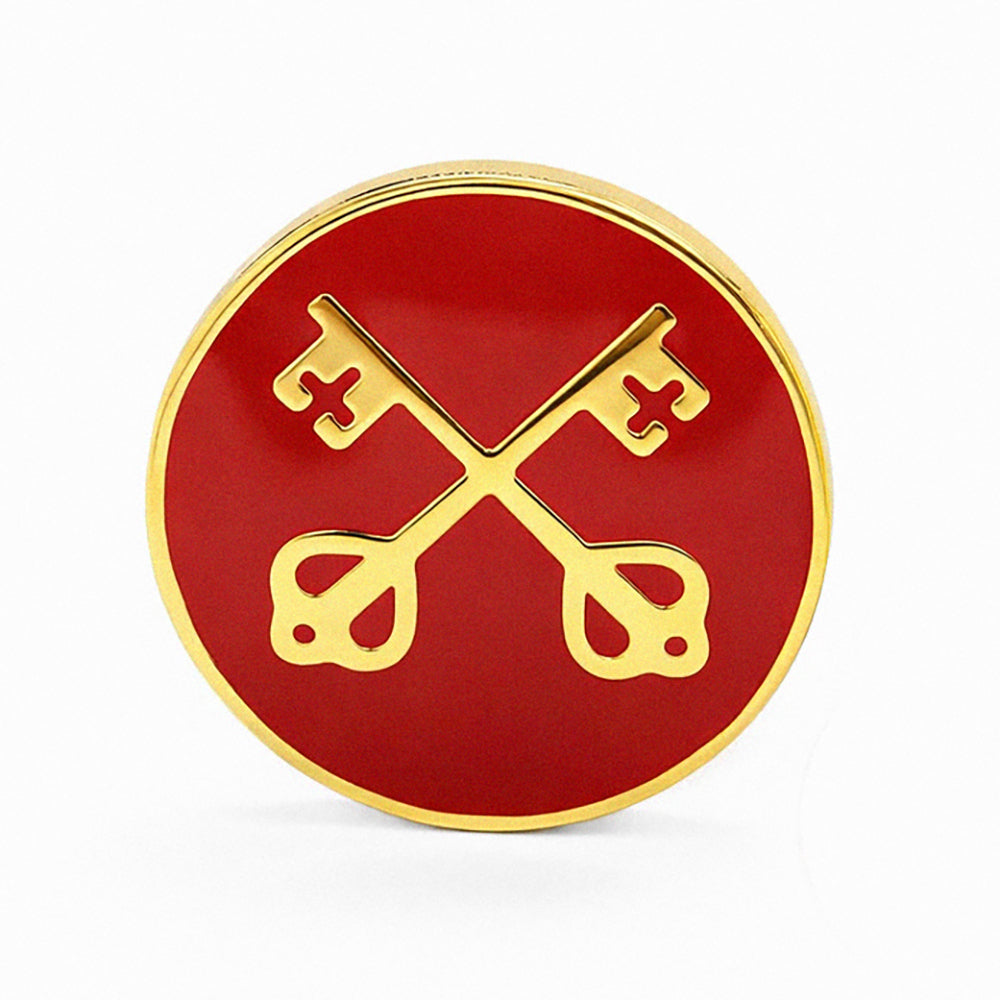 Red and gold emblem with crossed keys on a white background